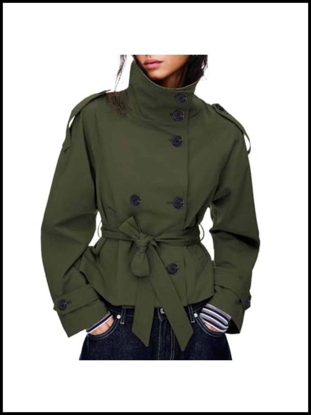 Cropped Trench Coat Double Breasted Belted Funnel Neck Fall Jacket